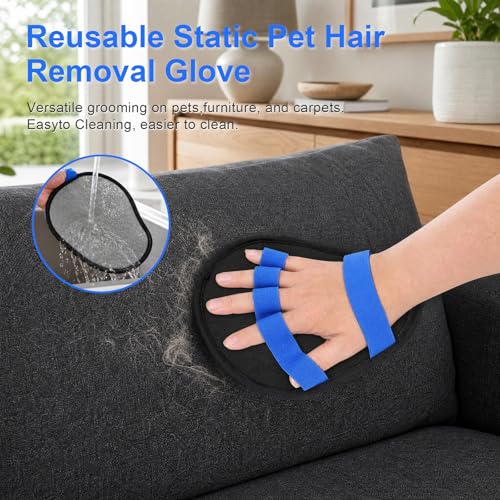 Upgraded Five-Finger Electrostatic Pet Hair Removal Gloves, Reusable Cat & Dog Hair Remover for Couch, Furniture, Carpet, Car Seat, Clothing - Magic Brush Pet Grooming Glove (Blue) - color: Blue