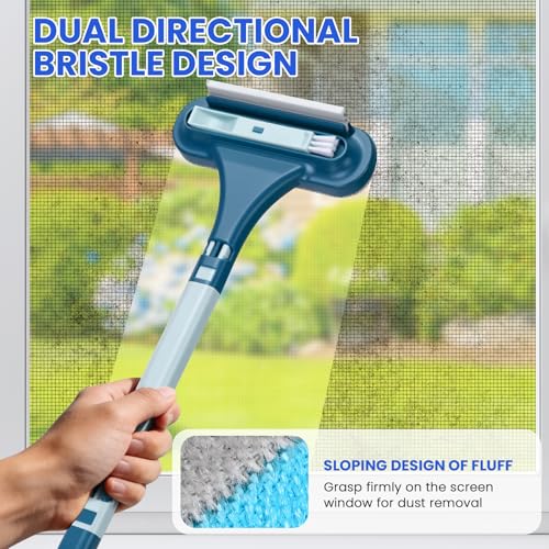 2-in-1 Screen Cleaning Brush with Squeegee - Window Mesh Cleaner & Pet Hair Remover for Couch, Multi-Use Crevice Tool for Patio and Porch Screens (Cyan Blue)