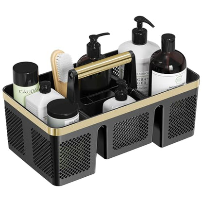 BYUNER Portable Cleaning & Shower Caddy with Handle: Rigid Plastic Basket with 4 Divided Compartments, All-Side Drainage for College Dorm, Bathroom & Utility Use, Black/Gold - color: Black/Gold