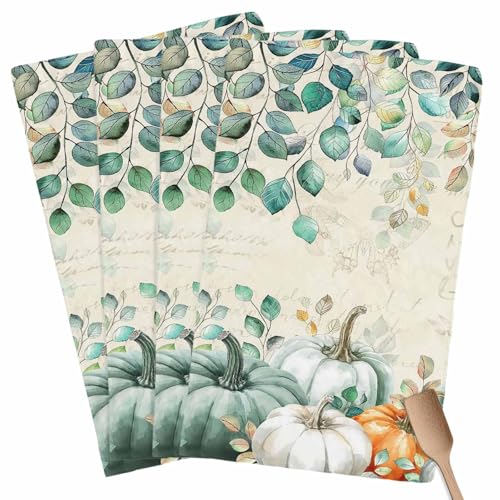 Fall Kitchen Towels Harvest Pumpkin Thanksgiving Hand Towels Green Leaves Dish Towel Cleaning Cloth Soft Absorbent Quick Drying 4 Pack Dish Cloths for Kitchen, Bathroom Autumn Decoration - color: Green Pumpkin, size: 4PCS
