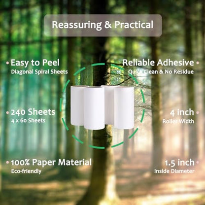 Lint Roller Refills 4 inch Extra Sticky Pet Hair Roller Replacement Refills Only, Inside Diameter 1.5 inch, 60 Sheets per Roll (Pack of 4, Total 240 Sheets) - color: Refills Only