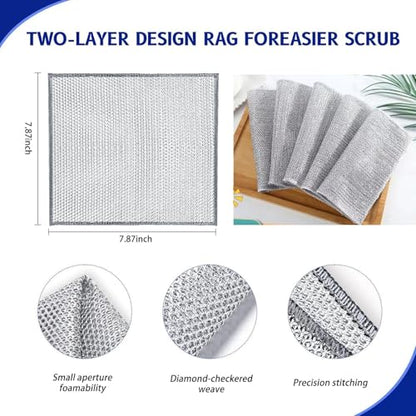 Silver Wire rag,10 Pcs New Upgrade 2-Layer Metal Dish Cloth, Non Scratch Wire Dishcloth,Multipurpose Wire Dishwashing Rags, Wet & Dry for Cookware, Sinks, Dishes, Stoves & Fireplaces, 9.84 x9.84 Inch