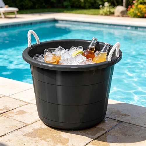 17 Gallon Plastic Storage Tub with Rope Handles Large Multi Purpose Utility Bucket for Laundry Toys Ice and Gardening Heavy Duty Organization Bin Black
