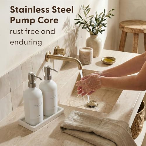 MaisoNovo Soap and Lotion Dispenser Set - Bathroom Soap Dispenser Set with White Soap Dispenser, Silver Pumps & Concrete Tray - color: White Bottles/ Silver Pumps/ White Concrete Tray