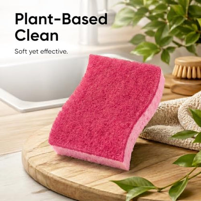 Non-Scratch Cellulose Sponge Kitchen Scrub Sponge with Scouring Pad Set, Good for Non-Stick Cookware Frying Pan, Pot, Counter Top, Sink Scrubbing, Kitchen Scrubbers, Pack of 2, (Red/Pink) - color: Red, size: 2-pack