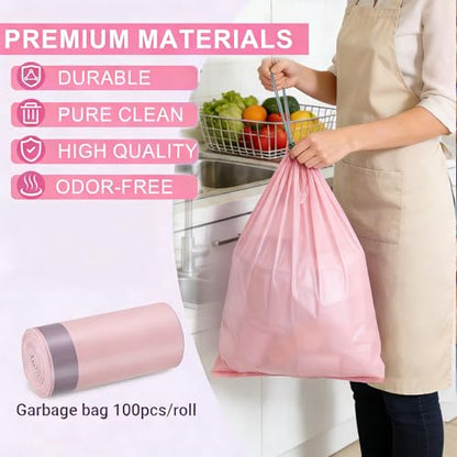 Drawstring Trash Bag 100PCS, Leakproof Small Trash Bags, Unscented Small Garbage Bags, 15 Liter Mini Wastebasket can Liners for Office Bedroom Bathroom, Pink - color: 100Pink