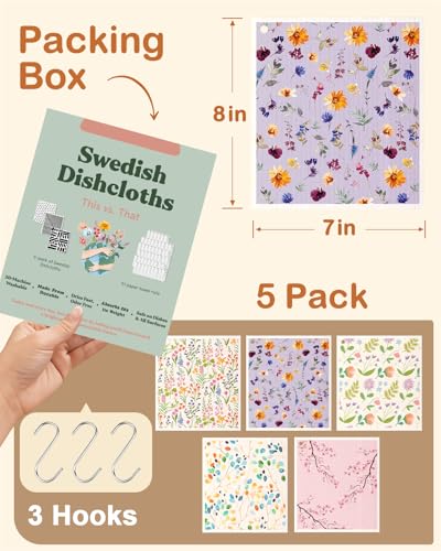 Miss Adola Swedish Dishcloths for Kitchen with Hooks - Reusable Dish Cloths for Washing Dishes Fast Drying Cute Fun 5 Pack Swedish Dish Towels Washable Cleaning Sponge, Elegant Flowers - color: Elegant Flowers