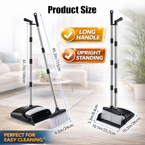 Broom and Dustpan Set with Long Handle and 6 Bonus Cleaning Tools, Upright Standing Combo with Self-Cleaning Teeth & Windproof Dustpan for Pet Hair, Home, Kitchen, Garage, Apartment - color: Black&grey