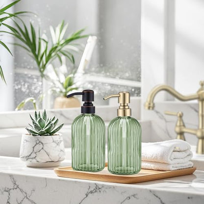 16Oz Green Glass Soap Dispenser with Rust Proof Bronze Stainless Steel Pump, Green Countertop Refillable Liquid Lotion Dispensers with Stainless Steel Pump, Oil Rubbed Bronze Soap Dispenser,2 Packs - color: Oil Rubbed Bronze+ Green, size: 2-Pack