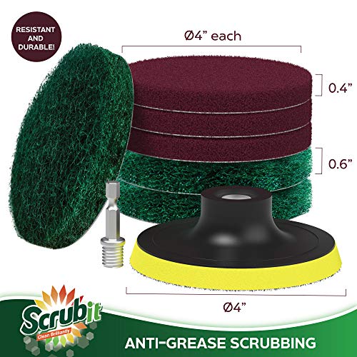 SCRUBIT Drill Brush Power Scouring Pads - Heavy Duty Tub and Tile Cleaner - Drill Scrubber Brush kit Includes Drill Attachment, 3 Red, 3 Stiff Green Scrubber Pads