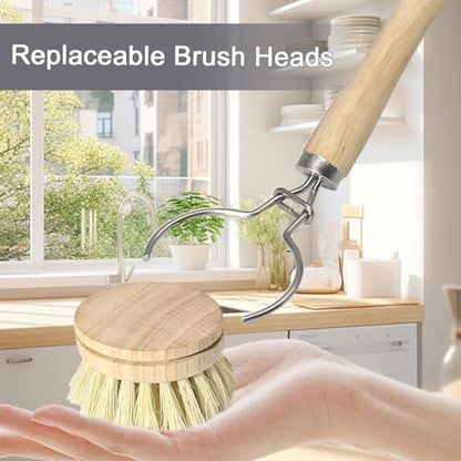 Wooden Dish Brush Set, 4 Natural Bristle Replacement Heads with 1 Sturdy Wooden Handle, Sisal Kitchen Scrub Brush for Pots, Pans, Vegetables and Cookware - size: Medium Hard