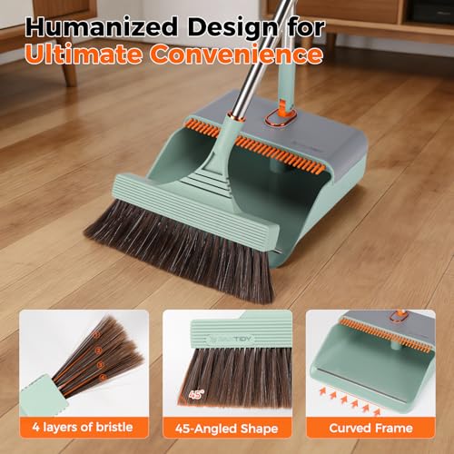 Broom and Dustpan Set with Adjustable Handle, Upright Design, Built-in Comb Teeth, Mint Green, for Home Office Hardwood Floors Pet Hair (Green/Gray) - color: Green/Gray