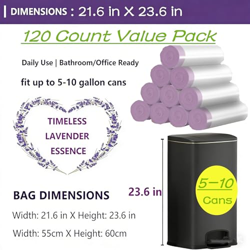 8 Gallon Trash Bags Drawstring, 120 Count Lavender Scented Leak Proof Medium Garbage Bags, 8 Gal Bin Bags Odor Control & Tear Resistant Can Liners for Kitchen Bathroom Bedroom Office - size: 1 Count (Pack of 110)