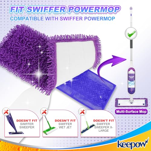 KEEPOW Reusable Microfiber Mop Pads Compatible with Swiffer PowerMop 4 Pack, Power Mop Pads Refills for 13 ''-15 '' Spray Mop, Machine Washable Pad Replacement for Multi-Surface Floor Cleaning - color: Purple 4 Pack