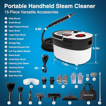Steam Cleaner for Home & Car Detailing, 2500W High Pressure Portable Steamer with 6-Level Adjustable Steam, 15s Heat-Up, 9.8ft Long Hose, ANSI Z87.1 Goggles, 17-Pcs Kit for Tile, Grout, Hardwood - color: White