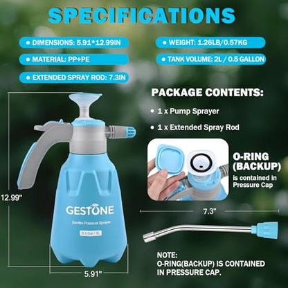 Hand Pump Sprayer 1/2 Gallon, 68 Oz Leak-Proof Water Mister Spray Bottle, 2L Handheld Garden Pressure Sprayer in Lawn and Garden, with Adjustable Nozzle, Extended Spray Rod & Safety Valve