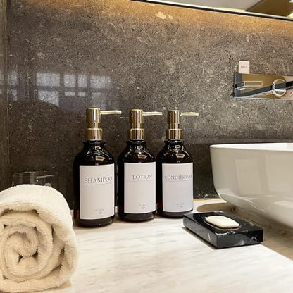 Shampoo Dispenser for Shower Wall, Shampoo and Conditioner Dispenser with 16 Waterproof Labels, No Drill Shower Soap Dispenser Bathroom, Shower Soap Dispenser Wall Mounted,17oz, 3 Pack, Gold Amber - color: 1-amber Bottle + Gold Pump
