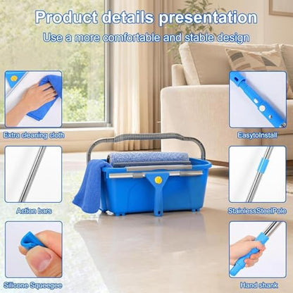 Window Cleaner Kit With Bucket - Glass Cleaning System With Microfiber Cloth Extendable Pole | Adjustable Length Heavy-Duty Equipment Window Cleaner Tools For Car Windshield Tile Glass Patio Door Prof