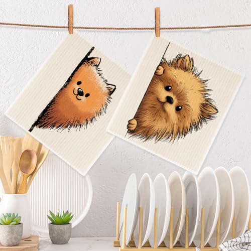2 Pcs Cartoon Peeking Pomeranian Dog Swedish Dishcloths for Kitchen, Absorbent Reusable Paper Towels, Cute Puppy Geometry Kitchen Towels for Bathroom Home, Dog Lover Gifts for Women - color: Sz 0752
