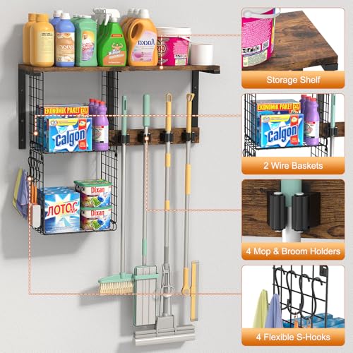 Housolution Broom Holder Wall Mount with Cleaning Supplies Organizer, 100 LBS High Load-Bearing Laundry Room Storage Shelves, Multifunctional Mop Hanger Rack with 2 Baskets, 4 Grippers & Hooks