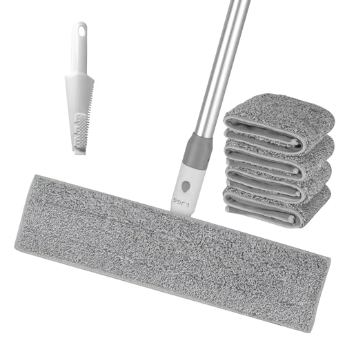 Flat Microfiber Mop for Floor Cleaning, 15.7 in (40 cm) Aluminum Base, 4-Section Aluminum Handle 52 in, Dry & Wet Use, 4 Washable Pads, Debris Scraper – LJGG (Gray/White) - size: 15.7" Flat Microfiber Mop