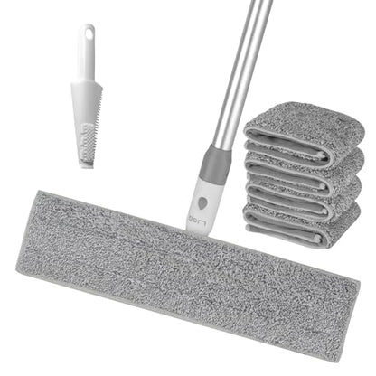 Flat Microfiber Mop for Floor Cleaning, 15.7 in (40 cm) Aluminum Base, 4-Section Aluminum Handle 52 in, Dry & Wet Use, 4 Washable Pads, Debris Scraper – LJGG (Gray/White) - size: 15.7" Flat Microfiber Mop