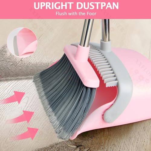 Broom and Dustpan Set, Dustpans with Broom Combo for Home, Heavy Dust Broom and Dustpan Combo, Long Handle Dust Pan and Broom Set for Kitchen, Office, Pet Hair(Gray Pink) - color: Pink 1-pack