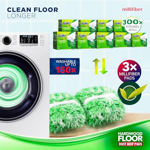 Millifiber Floor Duster Refills 15x8 Inches, 3-Pack (Mop Not Included) | Reusable microfiber duster covers, replacement heads, hair & dust mopping cloths - color: Dry Duster (Green), size: 3 Count (Pack of 1)