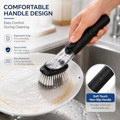 Soap Dispensing Dish Brush with Built-in Scraper, Black, for Dishes, Pots, Pans, Plates, Cookware, and Countertops