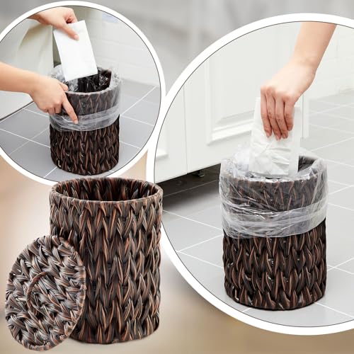 Ctosree 1.3 Gallons Small Trash Can with Lid Handle Boho Woven Braided Bathroom Waste Basket Trash Can with 100 Garbage Bags for Bedroom Office Laundry(Braided Polypropylene, Dark Brown) - color: Dark Brown, style: Round