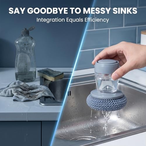 Sakerplus Dish Brush Kitchen Soap Dispensing Palm Brush, Comfort Grip Soap Dispensing Kitchen Scrub, Palm Brush Dish Scrubber with Holder for Kitchen Sink (2, Light Gray, PET) - color: Light Gray