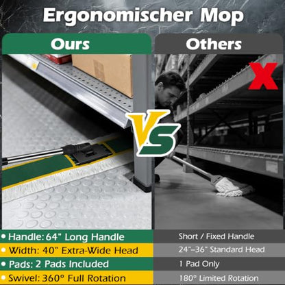 MASTERTOP 40" Commercial Dust Mop for Floor Cleaning, Heavy Duty Flat Mop | Industrial 64" Long Handle Push Broom with 2 Cotton Pads for Hardwood, Tile, Laminate, Concrete, Warehouse & Gym Cleaning - color: Green(40"*8.3")
