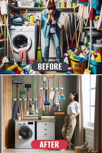 The Good Stuff Heavy Duty Mop and Broom Holder Wall Mount – Stainless Steel 5-Rack Organizer with 4 Hooks – Space Saving, Rust-Resistant Utility Rack for Garage, Kitchen, Laundry or Garden Tools - size: Standard