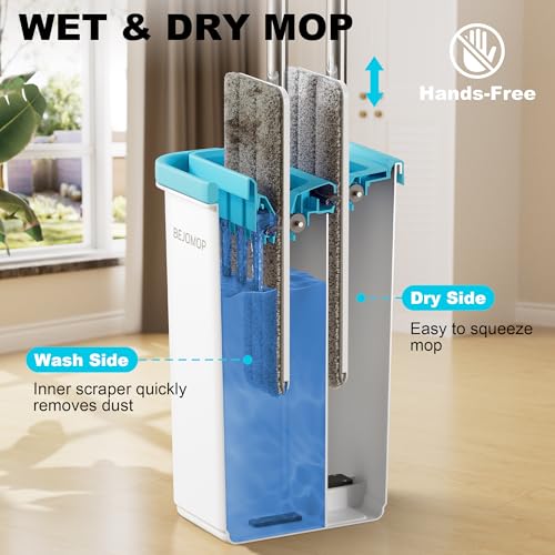 Mop and Bucket Set, Mops for Floor Cleaning Turquoise-Cyan, 60" Long Handle Wall Mop, Squeeze Flat Mop and Bucket System, Dry & Wet Dust Mop for Household Cleaning with 2 Microfiber Mops - size: Mop System (Cyan) - 60" Handle - 2 Total Pads