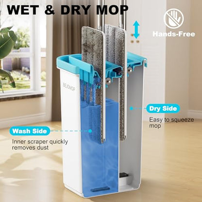 Mop and Bucket Set, 60" Long Handle Mops for Floor Cleaning, Squeeze Flat Mop and Bucket System, Dry & Wet Wall Mop Cleaner for Household Cleaning with 4 Microfiber Mops, Turquoise-Cyan - size: Mop System (Cyan) - 60" Handle - 4 Total Pads