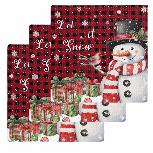 Buffalo Christmas Dish Towels Set, Waffle Weave Kitchen Towels 3 Pieces, Red Snowman Snowflake Microfiber Hair Face Bath Tea Towel Absorbent Quick Drying Cleaning Dish Cloths, 12"x12" - color: Red Black, size: 3PCS,12"x12"