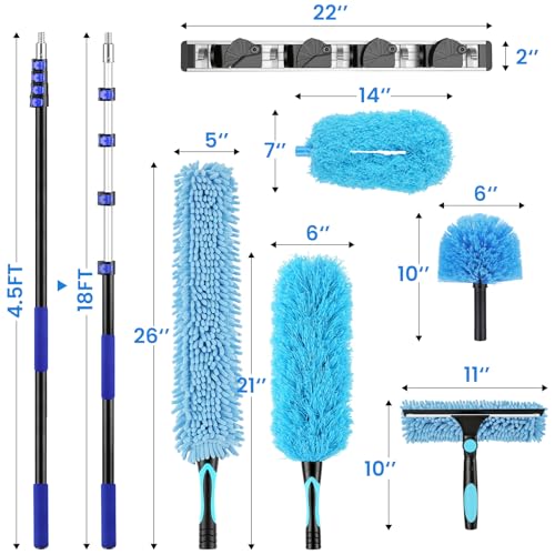 25ft High Reach Extendable Duster Kit with 4.5-18ft Extension Pole - Ceiling Fan Blade Cleaner, Spider Web Brush Cobweb Remover, Window Squeegee Kit with Telescoping Wand, Extended Extra Long Handle - size: 18FT POLE (Reach 25FT High)