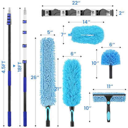 25ft High Reach Extendable Duster Kit with 4.5-18ft Extension Pole - Ceiling Fan Blade Cleaner, Spider Web Brush Cobweb Remover, Window Squeegee Kit with Telescoping Wand, Extended Extra Long Handle - size: 18FT POLE (Reach 25FT High)