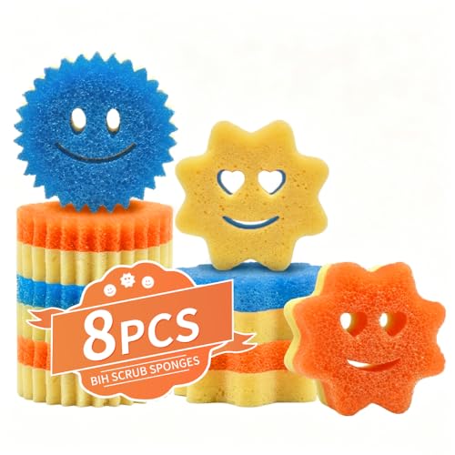 8 Pack Scrub Sponges, BIH Smile Dual-Sided Dish Sponge, 2 Shapes Temperature Sensitive Non Scratch Kitchen Sponges for Kitchen, Bathroom, Windows & All Household Surfaces, Stain & Odor Resistant