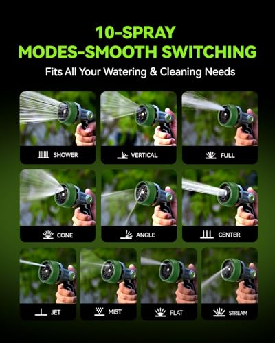 RAINPOINT Full-Metal Garden Hose Nozzle, Heavy Duty Water Hose Nozzle Sprayer With 10 Adjustable Patterns & High Flow,Thumb Control For Flow Adjustment, Ideal For Watering, Washing, Dark Green-2PCS - color: Dark Green
