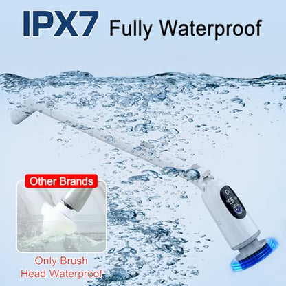 Electric Spin Scrubber, 200Mins Runtime Bathroom Scrubber with 3-Speed & LCD Display, Full-Body IPX7 Shower Scrubber with 8 Heads for Bathtub Kitchen Floor Grout, 53IN Extendable Handle