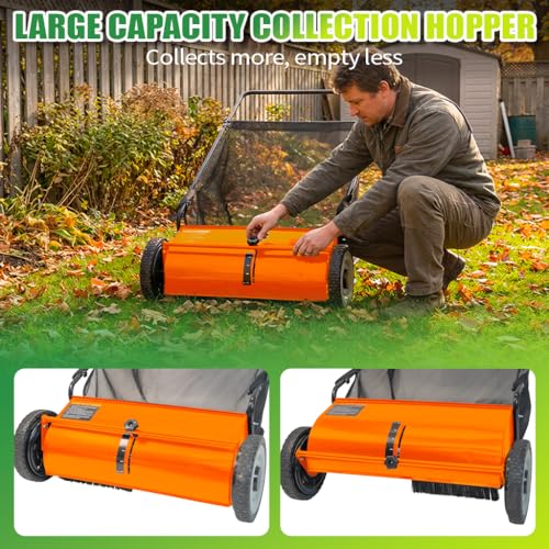 PPOLB 26" Push Lawn Sweeper, 7 cu.ft Large Capacity Yard Sweeper Push, 5:1 High-Density 4 Brushes, Adjustable Height, Heavy Duty Leaf Collector with Detachable Hopper, Rubber Wheels, Ergonomic Handle - color: Orange