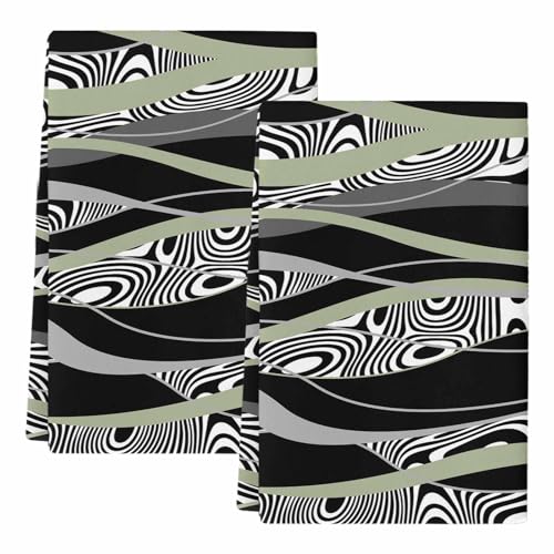Sage Green Black Stripes Kitchen Towels Set of 2,Absorbent Microfiber Soft Dish Hand Tea Bath Towel,Grey Abstract Gradient Striped Quick Dry Cleaning Cloth Washclothes for Bathroom Hotel Spa 18"x28" - color: Green, size: 2 PCS-18 x 28in