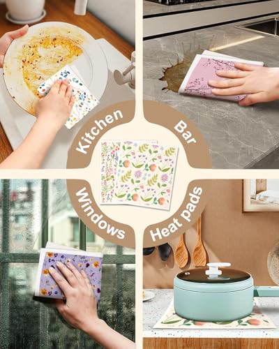 Miss Adola Swedish Dishcloths for Kitchen with Hooks - Reusable Dish Cloths for Washing Dishes Fast Drying Cute Fun 5 Pack Swedish Dish Towels Washable Cleaning Sponge, Elegant Flowers - color: Elegant Flowers