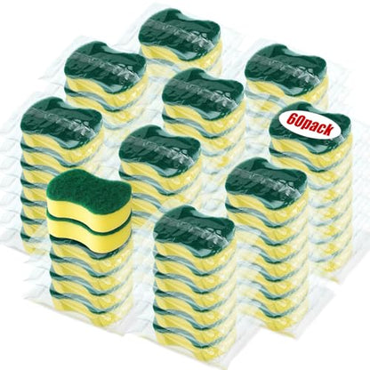Tanlade 60 Pcs Individually Wrapped Sponges Kitchen Bulk Non Scratch Scouring Sponges for Dishes Household Cleaning Travel Apartments Hotel Car - color: Yellow Green