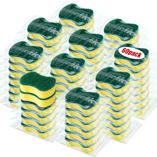 Tanlade 60 Pcs Individually Wrapped Sponges Kitchen Bulk Non Scratch Scouring Sponges for Dishes Household Cleaning Travel Apartments Hotel Car - color: Yellow Green