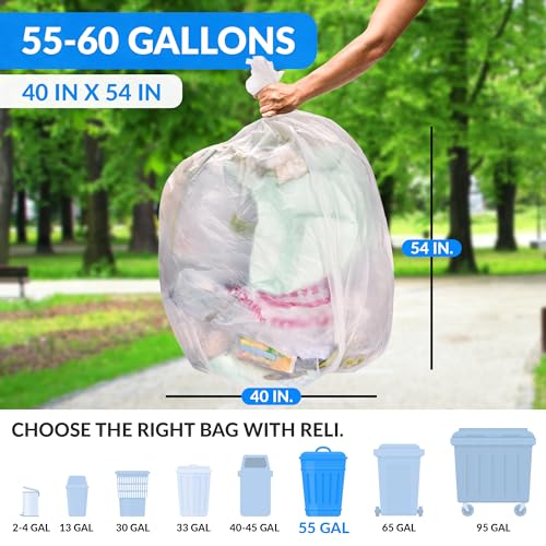 Reli. 55-60 Gallon Trash Bags Heavy Duty | 150 Trash Bags with Ties | Super Sizeable, Clear, Serious Garbage Cleanup