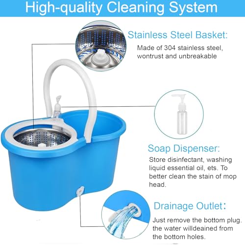 Spin Mop and Bucket with Wringer Set, 360° Spinning Mop Bucket System with 3 Microfiber Mop Replacement Heads Refills,56" Stainless Steel Extended Handle for Floor Cleaning Home(20QT) (Green) (Blue) - color: Blue