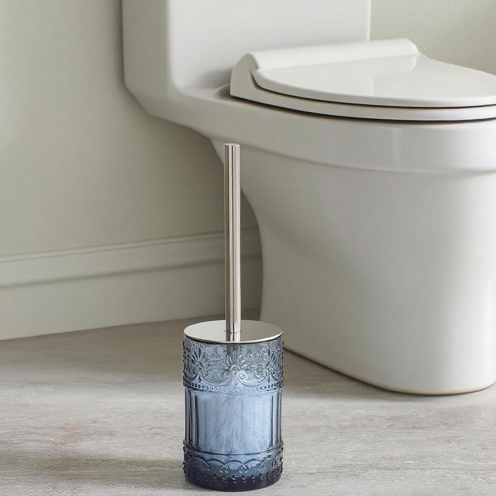 Decorative Glass Toilet Brush and Holder Set, 14.8 inch Height, Blue