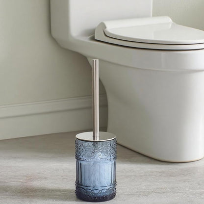 Decorative Glass Toilet Brush and Holder Set, 14.8 inch Height, Blue